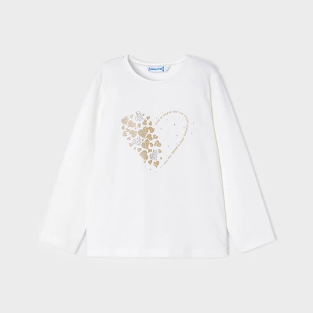 Size.  6 Girls Mayoral White Long Sleeve Tee with Gold Heart Motif